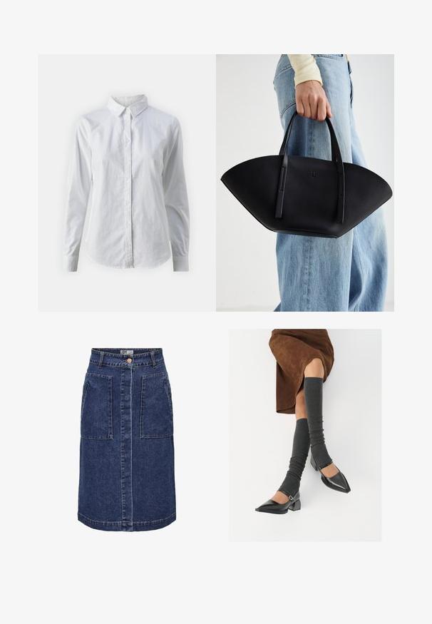 Bílá košile na knoflíky vyrobená z hladké bavlny, s klasickým límcem, dlouhými rukávy a zakřiveným spodním lemem. Knoflíky jsou malé a bílé.; Džínová áčková sukně v tmavě modré barvě, vybavená dvěma velkými předními kapsami, středovým zapínáním na knoflík a kontrastním prošitím podél švů.; Černé lakované boty s špičatou špičkou, blokovým podpatkem a kotníkovým páskem, spárované s šedými žebrovanými návleky na nohy a hnědskou sukní z semiše.; Černá kožená kabelka s jedinečným tvarováním ve tvaru vějíře, vybavená plochými uchy. Povrch má jemně zrnitou texturu a minimalistický design.