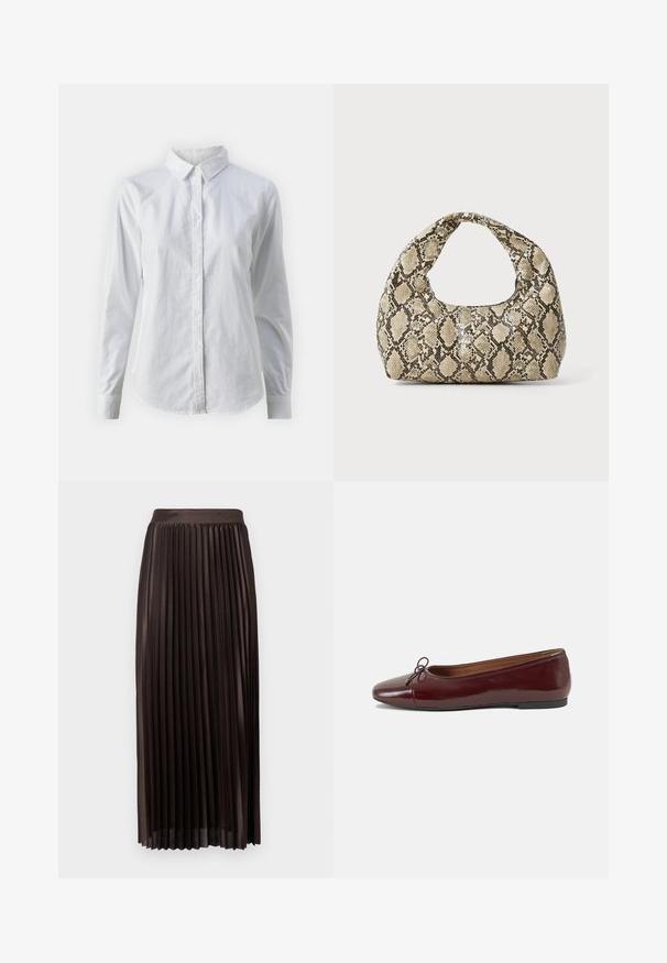 Witte overhemd met knopen van glad katoen, met een klassieke kraag, lange mouwen en een afgeronde zoom. De knopen zijn klein en wit.; Plissé midi-jurk van donkerbruin stof, met een gladde tailleband, vloerlange uitstraling en verticale plooien voor extra textuur.; Bordeaux gepatenteerd lederen ballerina met een ronde neus, een klein strikaccent aan de voorkant en een lage, zwarte rubberen zool. Glad textuur.; Slangpatroon handtas met een gebogen handvat. Gemaakt van gestructureerde, beige en bruine materialen, met een kenmerkend ruitpatroon.
