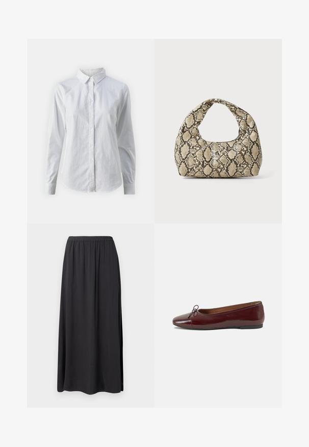 Cămașă albă cu nasturi, confecționată din bumbac neted, având un guler clasic, mâneci lungi și un tiv curbat. Nasturii sunt mici și albi.; Fustă maxi neagră, confecționată dintr-un material moale și fluid. Are un brâu elastic și slituri laterale, oferind o croială relaxată și un siluetă elegantă.; Balerini din piele patent burgund cu vârful rotund, accent de fundiță mică în față și talpă joasă din cauciuc negru. Textură netedă.; Geantă cu imprimeu de șarpe, având un mâner curbat. Fabricată din materiale texturate, bej și maronii, cu un model distinctiv în formă de diamant.