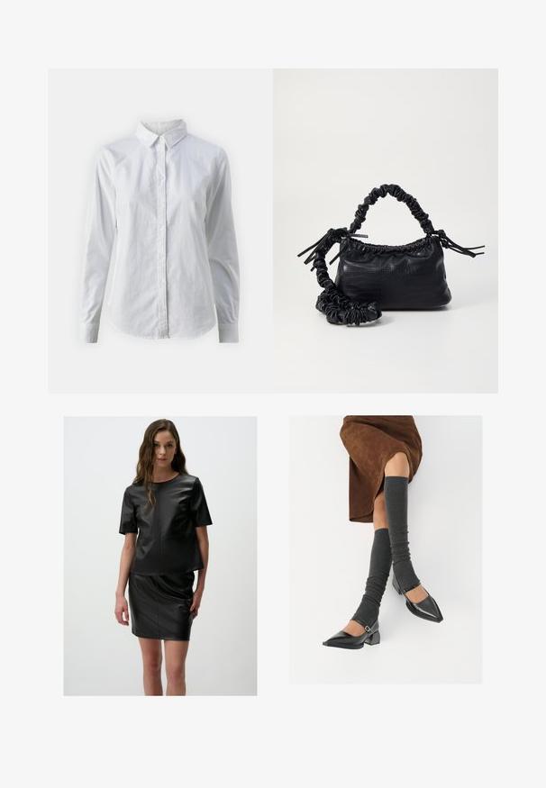 Biała koszula zapinana na guziki, wykonana z gładkiej bawełny, z klasycznym kołnierzykiem, długimi rękawami i zaokrąglonym dołem. Guziki są małe i białe.; Czarny, ekologiczny zestaw dwuczęściowy, składający się z bluzki z krótkim rękawem i dopasowanej spódnicy. Gładka tekstura z widocznymi szwami i minimalistyczny design.; Czarne lakierowane buty na szpilce z prostokątnym obcasem i paskiem na kostce, zestawione z szarymi prążkowanymi ocieplaczami na nogi oraz brązową zamszową spódnicą.; Czarna torebka z syntetycznej skóry o teksturze krokodyla, z zaciąganym górnym zamknięciem i marszczonym paskiem. Wygląda na miękką i zwartą w designie.