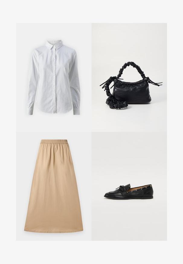 Cămașă albă cu nasturi, confecționată din bumbac neted, având un guler clasic, mâneci lungi și un tiv curbat. Nasturii sunt mici și albi.; Fustă maxi bej confecționată dintr-un material ușor, cu un brâu elastic și o textură netedă, având un design drept și fluid.; Mocasini din piele neagră cu fundiță legată, având accente aurii sub formă de ochiuri pe laterale și o talpă plată din cauciuc. Textură netedă, design clasic.; Geantă din faux leather neagră cu textură de crocodil, cu partea superioară strânsă și o curea mototolită. Pare moale și compactă ca design.