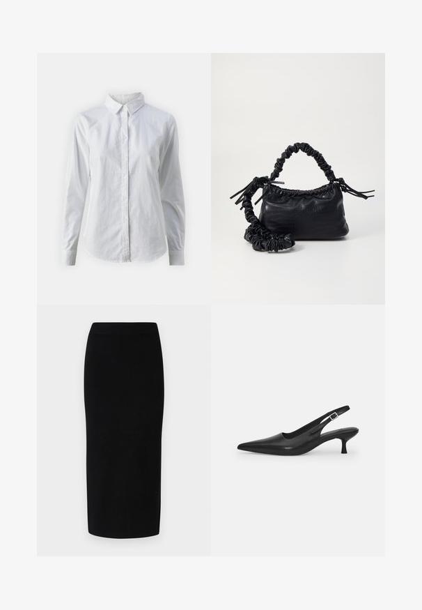 Chemise blanche à manches longues en coton lisse, dotée d'un col classique et d'un ourlet arrondi. Les boutons sont petits et blancs.; Jupe midi en tricot noir avec une silhouette ajustée, dotée d'une large taille élastique et d'une texture lisse, sans motifs ou accents discernables.; Chaussure slingback en cuir noir avec un bout pointu et un talon fin et incurvé. Dispose d'une sangle ajustable discrète avec une boucle en métal.; Sac à main en simili cuir noir avec une texture crocodile, un dessus resserré et une sangle froncée. A l'apparence douce et compacte.