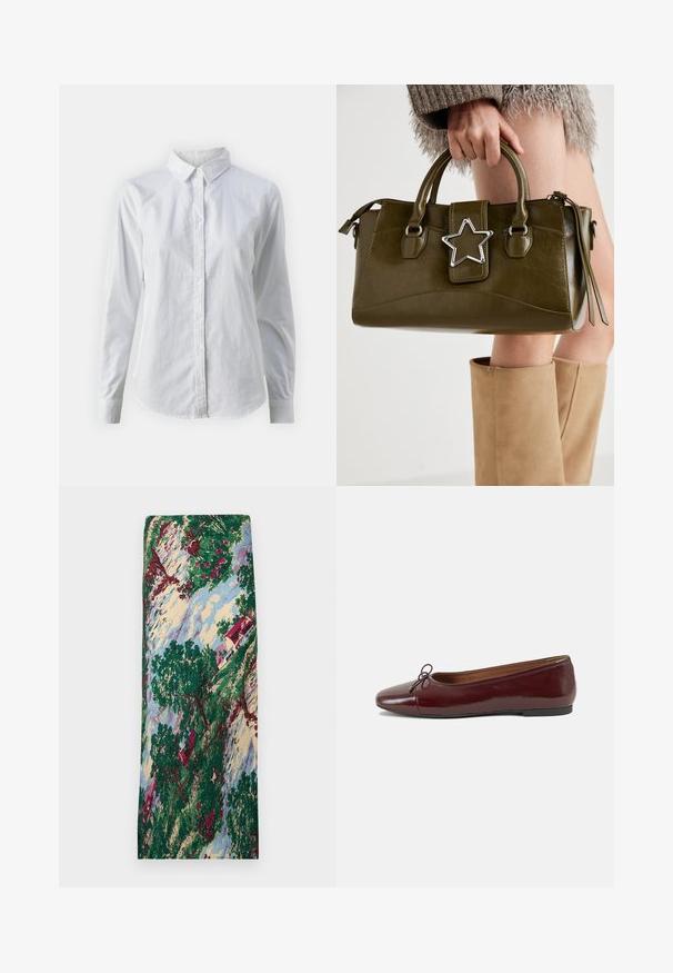 Weißes Hemd mit Knöpfen, aus glattem Baumwollstoff, mit klassischem Kragen, langen Ärmeln und abgerundetem Saum. Die Knöpfe sind klein und weiß.; Gemusterter Stoff mit einer Landschaftsszene, die grüne Bäume, rote Blumen, ein Haus mit rotem Dach und einen blauen Himmel zeigt. Glatte Textur.; Burgunderfarbenes, lackiertes Ballettschuh mit abgerundetem Zehenbereich, kleiner Schleifenakzent vorne und einer niedrigen, schwarzen Gummisohle. Glatte Textur.; Olivgrünes Kunstlederhandtasche mit silbernem Sternakzent, doppelten Griffen und einem Reißverschluss. Strukturierten Form und texturierten Oberfläche.