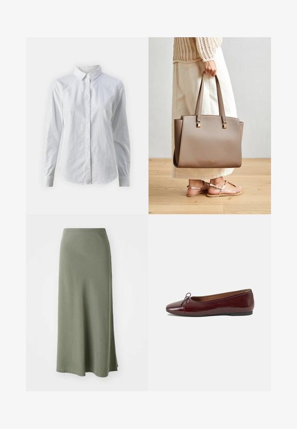 Hvit skjorte med knapper laget av glatt bomull, med klassisk krage, lange ermer og buet skjær. Knapper er små og hvite.; Olivengrønn, kne-lang skjørt laget av mykt stoff med en jevn tekstur og en utsvingt fasong, med en sidesprekk for bedre bevegelse.; Burgunderrød lakk lær ballettleilighet med rund tå, liten sløyfe foran og en lav, svart gummisåle. Glatt tekstur.; Brun syntetisk tote-veske med to lange håndtak, firkantede metall aksenter og en subtil logo. Båret med et lysecrème skjørt og sandaler.