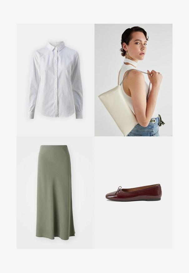 Camisa branca de botão feita de algodão suave, com colarinho clássico, mangas longas e bainha curva. Os botões são pequenos e brancos.; Saia verde-oliva, até ao joelho, feita de um tecido macio com uma textura suave e um corte evasé, apresentando uma fenda lateral para facilitar o movimento.; Bailarinas em couro sintético borgonha com bico redondo, pequeno laço na frente e sola baixa em borracha preta. Textura suave.; Bolsa de mão retangular branca, feita de material brilhante, com uma alça em corrente prateada. Modelo posa, exibindo a bolsa contra um fundo simples.