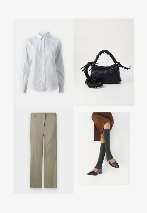 Fehér, sima pamutből készült gombos ing, klasszikus gallérral, hosszú ujjakkal és ívelt hemvéggel. A gombok kicsik és fehérek.; Világos olívazöld nadrág, tailored fit, lapos elejű, két oldalsó zsebbel, sima, texturált anyagból készült. Nincsenek látható minták vagy díszítések.; Fekete lakk bőrből készült, hegyes orrú cipők, tömbsarkúakkal és bokapánttal, szürke bordás lábszármelegítőkkel és barna velúr szoknyával párosítva.; Fekete műbőr kézi táska krokodil bőr textúrával, összehúzható tetejű és gyűrt pánttal. Lágy és kompakt dizájnúnak tűnik.