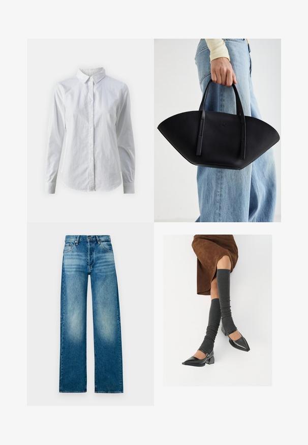 Bela srajca z gumbki, narejena iz gladkega bombaža, s klasičnim ovratnikom, dolgimi rokavi in ukrivljenim robom. Gumbi so majhni in beli.; Svjetloplave traper hlače s visokim strukom, širokim nogavicama i izblijedjelim završetkom. Imaju klasičan dizajn s pet džepova i metalnu kopču.; Črne lakirane čevlje s pointy prsti in blok peto ter z naramnicami za gleženj, ki jih kombiniramo s sivimi rebrastimi nogavicami in rjavim suknjičem iz usnja.; Črna usnjena torbica z edinstveno obliko ventilatorja, z ravnimi ročaji. Površina ima teksturo z drobnimi kamni in minimalističen dizajn.