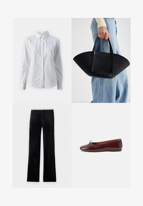 Bela srajca z gumbki, narejena iz gladkega bombaža, s klasičnim ovratnikom, dolgimi rokavi in ukrivljenim robom. Gumbi so majhni in beli.; Črne flis hlače s ravnim krojem, opremljene z belim elastičnim pasom z logotipom blagovne znamke. Mehka tekstura, brez dodatnih vzorcev.; Burgundska patenti usnjeni baletni čevlji z zaobljenim prstom, majhnim lokom na sprednji strani in nizkim črnim gumijastim podplatom. Gladka tekstura.; Črna usnjena torbica z edinstveno obliko ventilatorja, z ravnimi ročaji. Površina ima teksturo z drobnimi kamni in minimalističen dizajn.