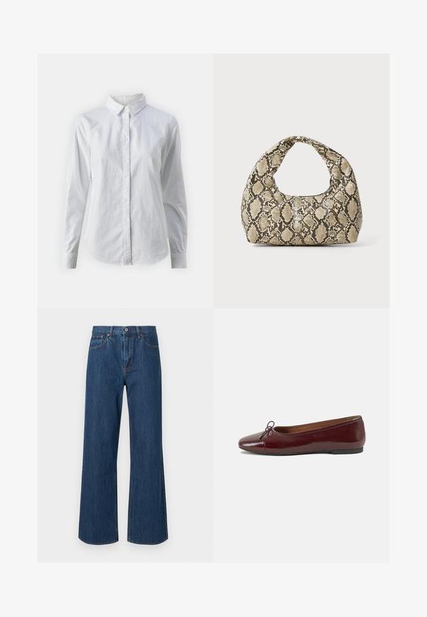 Biała koszula zapinana na guziki, wykonana z gładkiej bawełny, z klasycznym kołnierzykiem, długimi rękawami i zaokrąglonym dołem. Guziki są małe i białe.; Spodnie dżinsowe o szerokich nogawkach w średnim niebieskim kolorze, z wysokim stanem, przednimi kieszeniami i subtelnymi detalami w stichu. Gładka tekstura z zaokrąglonymi brzegami.; Bordowe baleriny z lakierowanej skóry z zaokrąglonym noskiem, małą kokardką z przodu oraz niską, czarną gumową podeszwą. Gładka tekstura.; Torebka w wężowy wzór z zakrzywionym uchwytem. Wykonana z teksturowanych, beżowych i brązowych materiałów, z charakterystycznym wzorem w diamenty.