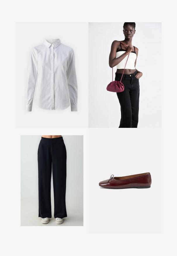 Weißes Hemd mit Knöpfen, aus glattem Baumwollstoff, mit klassischem Kragen, langen Ärmeln und abgerundetem Saum. Die Knöpfe sind klein und weiß.; Schwarze weit geschnittene Hosen mit glatter Textur und elastischem Bund, die eine gerade Passform und ein bodenlanges Design aufweisen.; Burgunderfarbenes, lackiertes Ballettschuh mit abgerundetem Zehenbereich, kleiner Schleifenakzent vorne und einer niedrigen, schwarzen Gummisohle. Glatte Textur.; Burgunderfarbene Handtasche aus weichem Stoff mit gerafftem Design und langem Trageriemen, quer über den Körper getragen. Das Modell trägt ein weißes Crop-Top und schwarze Jeans.