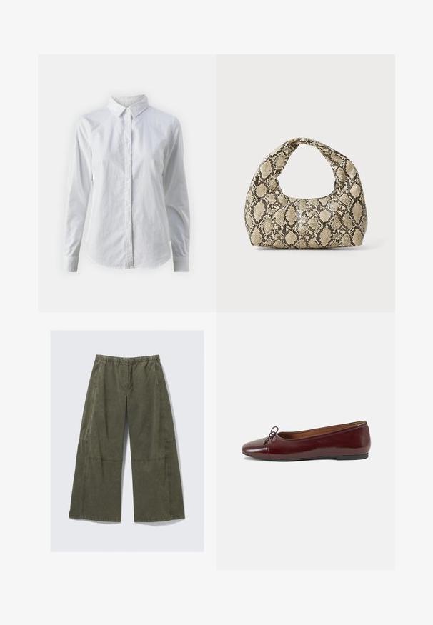 Camisa blanca de botones hecha de algodón suave, con un cuello clásico, mangas largas y un dobladillo curvado. Los botones son pequeños y blancos.; Pantalones de pierna ancha en tejido verde oliva, con cintura elástica, costuras visibles y un ajuste holgado con costuras laterales.; Bailarina de charol burdeos con punta redonda, pequeño lazo en la parte frontal y una suela baja de goma negra. Textura suave.; Bolso de mano con estampado de serpiente y asa curvada. Hecho de materiales texturizados en tonos beige y marrón, con un patrónen diamante distintivo.