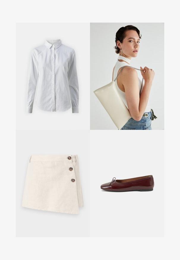 Biała koszula zapinana na guziki, wykonana z gładkiej bawełny, z klasycznym kołnierzykiem, długimi rękawami i zaokrąglonym dołem. Guziki są małe i białe.; Beżowa spódnica z lnu o kroju kopertowym, z trzema brązowymi guzikami z boku i lekko teksturowanym wykończeniem materiału.; Bordowe baleriny z lakierowanej skóry z zaokrąglonym noskiem, małą kokardką z przodu oraz niską, czarną gumową podeszwą. Gładka tekstura.; Biała prostokątna kopertówka wykonana z błyszczącego materiału, z srebrnym łańcuszkiem. Modelka pozuje, prezentując torebkę na jednolitym tle.