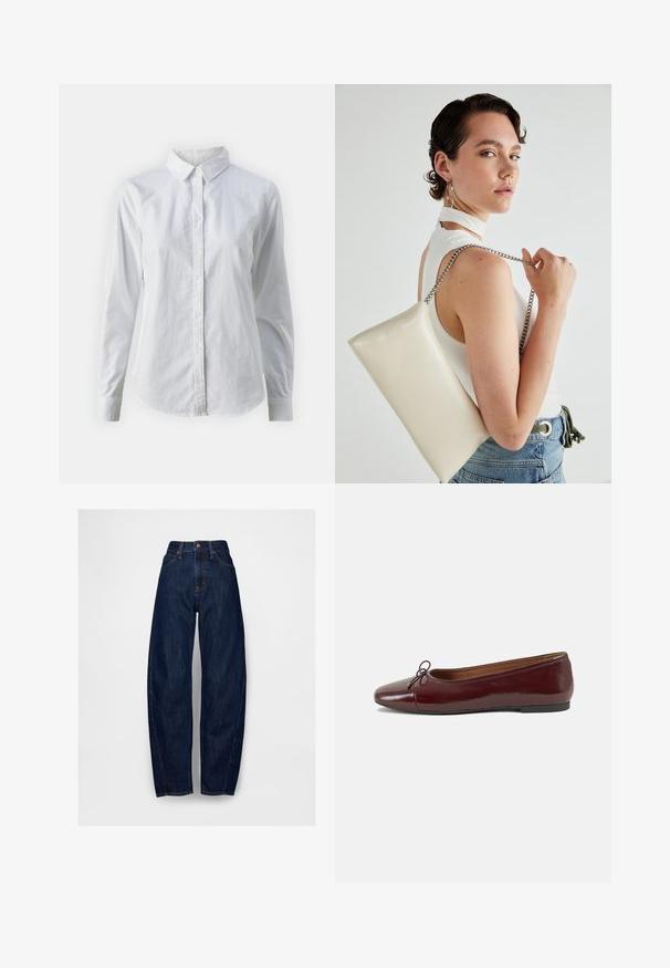 Bílá košile na knoflíky vyrobená z hladké bavlny, s klasickým límcem, dlouhými rukávy a zakřiveným spodním lemem. Knoflíky jsou malé a bílé.; Tmavě modré džíny s vysokým pasem a volným střihem, které mají pět kapes, jedno přední knoflíkové zapínání a prošité detaily podél švů.; Burgundské lakové baleríny s kulatou špičkou, malou mašlí vpředu a nízkou černou gumovou podrážkou. Hladký povrch.; Bílá obdélníková psaníčko vyrobené z lesklého materiálu, se stříbrným řetízkovým popruhem. Modelka pózuje a předvádí tašku na jednobarevném pozadí.