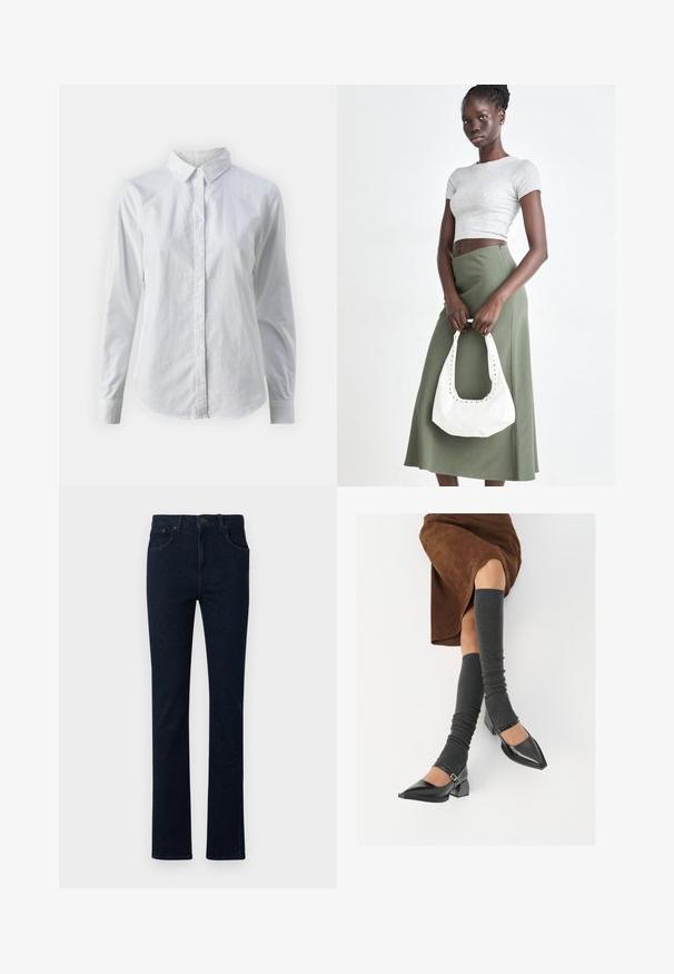 Valge nööpidega särk, mis on valmistatud siledast puuvillast. Särgil on klassikaline krae, pikad varrukad ja kaarduv äär. Nöödid on väikesed ja valged.; Tumed sinise denimi teksapüksid otse jalaga disainiga, viis taskut ja tõmblukk, klassikalise ülemise nupuga ja minimaalsete õmblusdetailidega.; Mustad patsaline odav värviga kingad, millel on kreen ja pahkluuring, on paaritatud hallide ribakudumitega sääremiidega ja pruunist nahast seelikuga.; Hallid hall pitsakene ja oliiviroheline kõrge vöökohtadega seelik. Mudel hoiab käes valget õlakotit, millel on lõikega detailid. Lihtne disain, vormiline siluett.