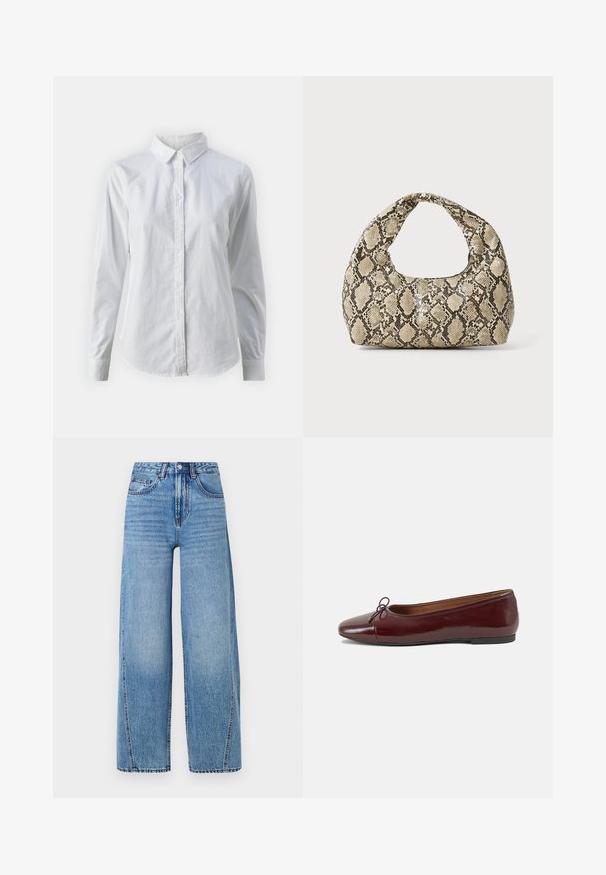 Hvit skjorte med knapper laget av glatt bomull, med klassisk krage, lange ermer og buet skjær. Knapper er små og hvite.; Høytlivte, lyseblå vide denim jeans med frontlommer, beltehemper, knappelukking og synlige sømdetaljer.; Burgunderrød lakk lær ballettleilighet med rund tå, liten sløyfe foran og en lav, svart gummisåle. Glatt tekstur.; Veske med slangeskinnmønster og krummet håndtak. Laget av teksturerte, beige og brune materialer, med et særegent diamantmønster.