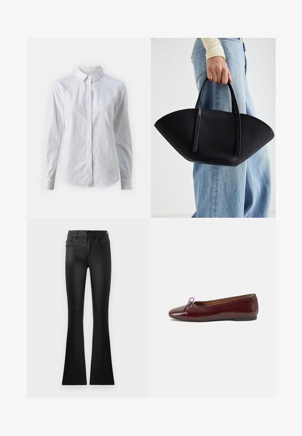 Camicia bianca con bottoni, realizzata in cotone liscio, dotata di un colletto classico, maniche lunghe e orlo curvo. I bottoni sono piccoli e bianchi.; Jeans neri a zampa d'elefante realizzati in un tessuto morbido e elasticizzato; presentano cinque tasche, passanti per cintura e una chiusura con bottone.; Ballerine in pelle verniciata bordeaux con punta arrotondata, piccolo fiocco decorativo sulla parte anteriore e suola bassa in gomma nera. Texture liscia.; Borsa a tracolla in pelle nera con una forma a ventaglio unica, dotata di manici piatti. La superficie presenta una texture a ciottoli e un design minimalista.