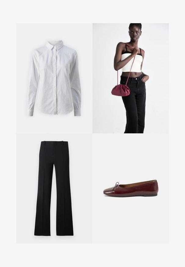 Balta marškinėliai su mygtukais, pagaminti iš lygios medvilnės, su klasikiniais apykaklės, ilgomis rankovėmis ir lenktu kraštu. Mygtukai maži ir balti.; Juodos pločio kelnės su lygiu paviršiumi, turinčios pritaikytą taliją, dirželio kilpas ir švarų dizainą, kuris tęsiasi iki plačių apačių.; Bordo lakiotos odos baleto bateliai su apvalia nosimi, maža kaspinėlio akcentu priekyje ir žema juoda guma padanga. Lygi tekstūra.; Bordo minkštas audinys rankinukas su susiraukšlėjimu ir ilgu dirželiu, dėvimas per kūną. Modelis vilki baltą trumpą palaidinę ir juodas džinsus.