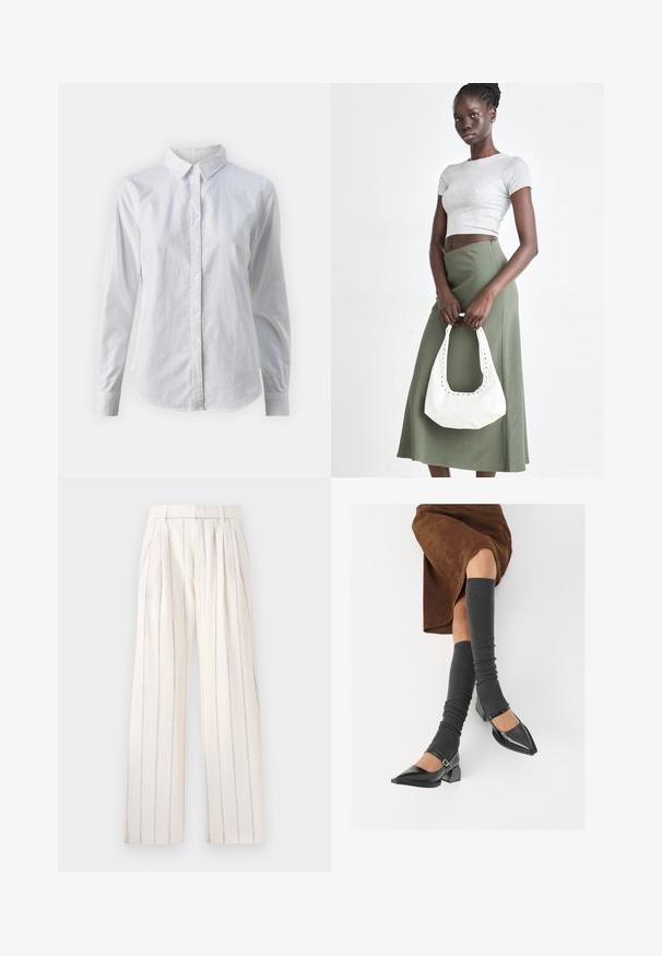 Valge nööpidega särk, mis on valmistatud siledast puuvillast. Särgil on klassikaline krae, pikad varrukad ja kaarduv äär. Nöödid on väikesed ja valged.; Folderdatud laiad püksid ecru värvi kangast, millel on kitsad vertikaalsed hallid triibud. Omavad istuvat vööd ja lõdva istuvust jalgades.; Mustad patsaline odav värviga kingad, millel on kreen ja pahkluuring, on paaritatud hallide ribakudumitega sääremiidega ja pruunist nahast seelikuga.; Hallid hall pitsakene ja oliiviroheline kõrge vöökohtadega seelik. Mudel hoiab käes valget õlakotit, millel on lõikega detailid. Lihtne disain, vormiline siluett.