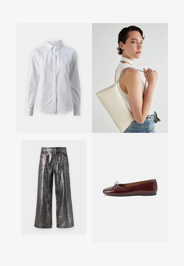 Valge nööpidega särk, mis on valmistatud siledast puuvillast. Särgil on klassikaline krae, pikad varrukad ja kaarduv äär. Nöödid on väikesed ja valged.; Metallikhallid laiad püksid, millel on sile ja särav tekstuur, viie-tasku disain ja vööloonid. Otse lõige, casual stiil.; Burgundi patendnahk kingad balletitüüpi, ümmarguse ninaosa, ees väike paelaaktsent ja madal must kummist tald. Sile tekstuur.; Valge ristkülikuline kotti, mis on valmistatud läikivast materjalist, hõbedase ahelsangaga. Mudel poseerib, tutvustades kotti ühtlase taustaga.