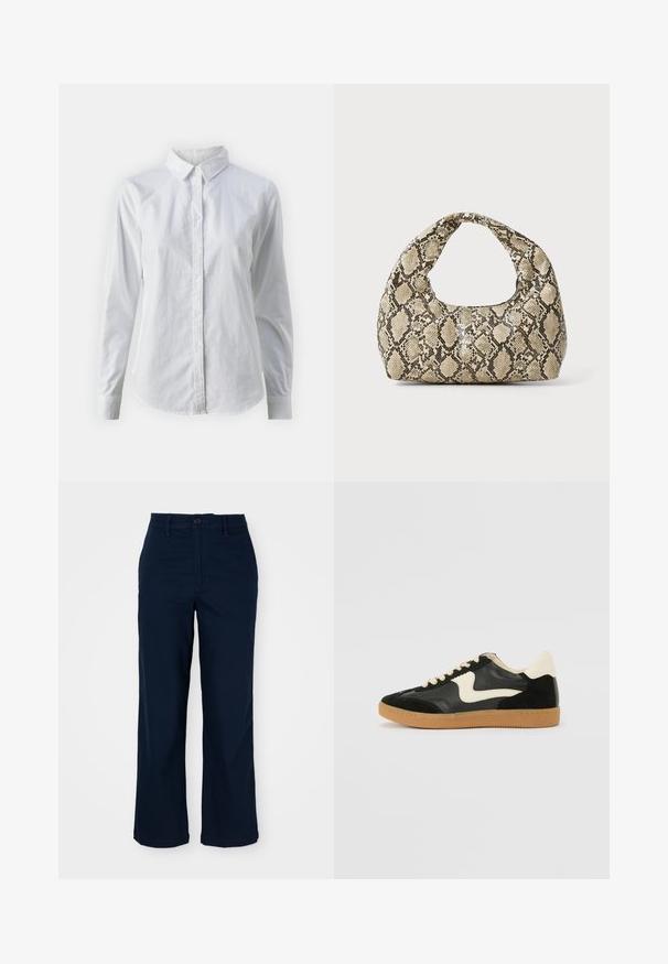 Bjela košulja na dugih rukava od glatkog pamuka, s klasičnom kragnom i zakrivljenim rubom. Dugmad su mala i bijela.; Tamno plave široke hlače od pamuka s dugmetom, prednjim džepovima i suptilnim detaljima šivanja. Krojačka obrada za udobnost.; Crna nubuk i kožna tenisica s kremastim bočnim swooshom i svijetlom kremastom petom. Sadrži bež vezice i gumu na potplatu.; Torba s uzorkom zmije s zakrivljenom drškom. Izrađena od teksturiranih materijala u bež i smešnim tonovima, sa karakterističnim dijamantnim uzorkom.