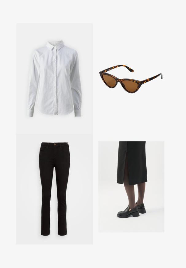 Valkoinen napitettava paita, joka on valmistettu sileästä puuvillasta. Paidassa on klassinen kaulus, pitkät hihat ja kaareva helma. Nappien koko on pieni ja ne ovat valkoiset.; Mustat farkut slim fit -muotoilulla, viisi-taskuisella tyylillä ja yksi ruskea nappi vyötäröllä. Sujuva rakenne, suorat lahkeet.; Mustat nahkakengät pyöreällä kärjellä, paksulla lohkopohjalla ja joustavilla sivuakkesseilla, yhdistettynä tummiin sukkahousuihin ja mustaan hameeseen, jossa on halkio.; Kattöga solglasögon med en svart och orange sköldpaddsmönstrad båge, bruna linser och slanka, spetsiga spetsar. Har en minimal logotyp på skalmen.; Mustavelhainen hobo-laukku, joka on valmistettu sileästä nahkamaa-aineesta, jossa on kierrätetty kahva. Laukku on pehmeän pyöreä muoto ja siinä on vetoketjulla suljettava yläosa.