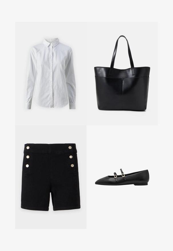 Balta pogājamā krekla augšdaļa, izgatavota no gluda kokvilnas, ar klasisku apkakli, garām piedurknēm un izliekto apakšmalu. Pogas ir mazas un baltas.; Melni džinsi šorti ar augsto vidukli, ar zeltainām pogām sānos, piecu kabatu dizains un taisna griezuma apakša.; Melnas ādas plakanas kurpes ar norādītu purngalu, kurām ir divas melnas siksnas un zeltainas kvadrāta sprādzes. Gluda tekstūra un zema zole.; Melnas ādas iepirkumu soma ar divām garām rokturām, gludu tekstūru un strukturētu formu. Iekļauj priekšējo kabatu papildu uzglabāšanai.