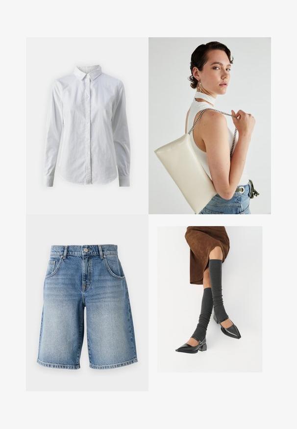 Biała koszula zapinana na guziki, wykonana z gładkiej bawełny, z klasycznym kołnierzykiem, długimi rękawami i zaokrąglonym dołem. Guziki są małe i białe.; Szorty dżinsowe w jasnym niebieskim kolorze, o prostym kroju, z pięcioma kieszeniami i brązowym wykończeniem. Charakteryzują się postrzępionym dołem oraz wyblakłym efektem prania.; Czarne lakierowane buty na szpilce z prostokątnym obcasem i paskiem na kostce, zestawione z szarymi prążkowanymi ocieplaczami na nogi oraz brązową zamszową spódnicą.; Biała prostokątna kopertówka wykonana z błyszczącego materiału, z srebrnym łańcuszkiem. Modelka pozuje, prezentując torebkę na jednolitym tle.