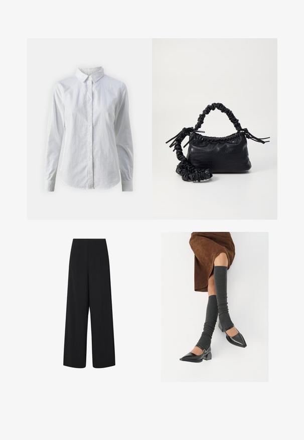Bela srajca z gumbki, narejena iz gladkega bombaža, s klasičnim ovratnikom, dolgimi rokavi in ukrivljenim robom. Gumbi so majhni in beli.; Črne široke hlače 7/8 dolžine z visokim pasom in stranskimi žepi, ki imajo subtilne vertikalne šive.; Črne lakirane čevlje s pointy prsti in blok peto ter z naramnicami za gleženj, ki jih kombiniramo s sivimi rebrastimi nogavicami in rjavim suknjičem iz usnja.; Črna torbica iz umetnega usnja s krokodilovo teksturo, z zvitim vrhom in zmečkano naramico. Zdi se mehka in kompaktna v oblikovanju.