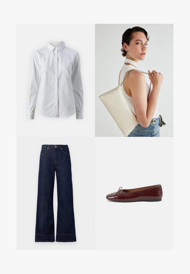 Hvit skjorte med knapper laget av glatt bomull, med klassisk krage, lange ermer og buet skjær. Knapper er små og hvite.; Mørkeblå vide denimjeans. Har knappestengning, sømdetaljer og sidelommer. Utskåret bunnsøm.; Burgunderrød lakk lær ballettleilighet med rund tå, liten sløyfe foran og en lav, svart gummisåle. Glatt tekstur.; Hvit rektangulær clutch-veske laget av blankt materiale, med en sølvkjede-stropp. Modellen poserer og viser vesken mot en ensfarget bakgrunn.