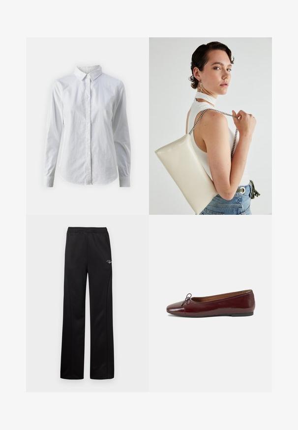 White button-up shirt made of smooth cotton, featuring a classic collar, long sleeves, and a curved hem. Buttons are small and white.; Black athletic pants with a relaxed fit, elastic waistband, subtle side seams, and a small white logo on the front. Smooth fabric texture.; Burgundy patent leather ballet flat with a rounded toe, small bow accent at the front, and a low, black rubber sole. Smooth texture.; White rectangular clutch bag made of glossy material, featuring a silver chain strap. Model poses, showcasing the bag against a plain background.