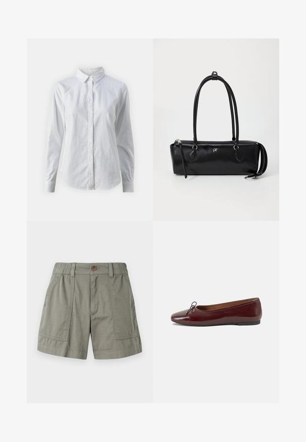 Hvid skjorte med knapper lavet af glat bomuld, der har en klassisk krave, lange ærmer og en buet kant. Knapperne er små og hvide.; Lyse olivenfarvede shorts lavet af en bomuldsblanding, med elastisk talje, forlommer og en enkelt knaplukning.; Bordeaux patentlæder balletflad med rund tå, lille sløjfeaccent foran og en lav, sort gummisål. Glat tekstur.; Sort læderhåndtaske med rektangulær form, glat tekstur, to håndtag, lynlås-lukning og et lille logo på forsiden.