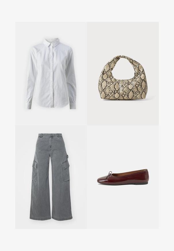 Balta pogājamā krekla augšdaļa, izgatavota no gluda kokvilnas, ar klasisku apkakli, garām piedurknēm un izliekto apakšmalu. Pogas ir mazas un baltas.; Pelēki platajā kāju kravas bikses, izgatavotas no kokvilnas, ar divām sānu kravas kabatām un augstu vidukli, ar gludu, nedaudz teksturētu apdari.; Burgundijas laku ādas baleta kurpes ar noapaļotu purngalu, nelielu loku akcentu priekšā un zemu melnu gumijas zoli. Gluda tekstūra.; Čūsku raksta soma ar izliekto rokturi. Izgatavota no teksturētiem, bēšiem un brūniem materiāliem, ar izteiksmīgu dimanta rakstu.