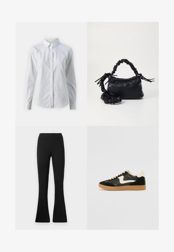 Camisa blanca de botones hecha de algodón suave, con un cuello clásico, mangas largas y un dobladillo curvado. Los botones son pequeños y blancos.; Pantalones de campana negros con canalé y cintura alta. Material suave y elástico que proporciona una silueta ceñida y un final acampanado para estilo y comodidad.; Zapatillas de deporte de ante y cuero negro con un swoosh lateral en crema y un talón en crema claro. Presenta cordones beige y una suela de goma marrón.; Bolso de mano de imitación cuero negro con textura de cocodrilo, parte superior fruncida y correa arrugada. Presenta un diseño suave y compacto.
