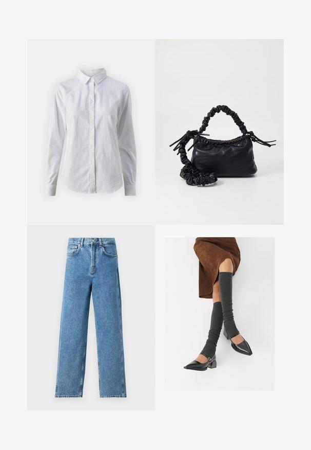 Bela srajca z gumbki, narejena iz gladkega bombaža, s klasičnim ovratnikom, dolgimi rokavi in ukrivljenim robom. Gumbi so majhni in beli.; Svijetloplave traperice ravnog kroja, izrađene od denima, s visokim strukom, prednjim zatvaranjem na dugme i dizajnom s pet džepova s vidljivim šavovima.; Črne lakirane čevlje s pointy prsti in blok peto ter z naramnicami za gleženj, ki jih kombiniramo s sivimi rebrastimi nogavicami in rjavim suknjičem iz usnja.; Črna torbica iz umetnega usnja s krokodilovo teksturo, z zvitim vrhom in zmečkano naramico. Zdi se mehka in kompaktna v oblikovanju.