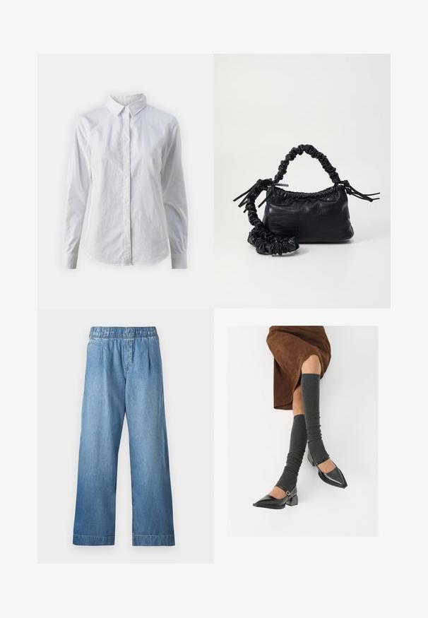 Bjela košulja na dugih rukava od glatkog pamuka, s klasičnom kragnom i zakrivljenim rubom. Dugmad su mala i bijela.; Svijetloplave traperice s elastičnim pojasom, širokim nogavicama i suptilnom teksturom. Ne sadrže vidljive džepove niti ukrase.; Crne lakirane cipele s šiljastim prstima, blok-petom i remenom oko gležnja, uparene s sivim rebrastim čarapama do koljena i smešnom suknjom od antilopa.; Crna torba od umjetne kože s teksturom krokodila, s cinčanim vrhom i naboranom trakom. Izgleda mekano i kompaktno u dizajnu.