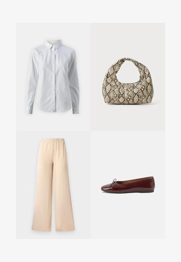 Witte overhemd met knopen van glad katoen, met een klassieke kraag, lange mouwen en een afgeronde zoom. De knopen zijn klein en wit.; Wijd uitlopende broeken in een lichte beige kleur, met een textuurstof en een elastische tailleband voor comfort. Geen zakken of zichtbare sluitingen.; Bordeaux gepatenteerd lederen ballerina met een ronde neus, een klein strikaccent aan de voorkant en een lage, zwarte rubberen zool. Glad textuur.; Slangpatroon handtas met een gebogen handvat. Gemaakt van gestructureerde, beige en bruine materialen, met een kenmerkend ruitpatroon.