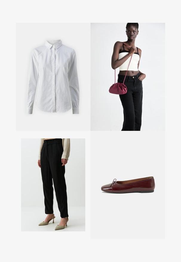 Witte overhemd met knopen van glad katoen, met een klassieke kraag, lange mouwen en een afgeronde zoom. De knopen zijn klein en wit.; Zwarte, loszittende broeken met een bijeen geraapt, elastisch middel, gecombineerd met metallic, spitse hakken. Gladde textuur met een subtiele glans.; Bordeaux gepatenteerd lederen ballerina met een ronde neus, een klein strikaccent aan de voorkant en een lage, zwarte rubberen zool. Glad textuur.; Bordeaux zachte stoffen handtas met een geplooid ontwerp en een lange schouderband, crossbody gedragen. Model draagt een witte crop top en zwarte jeans.