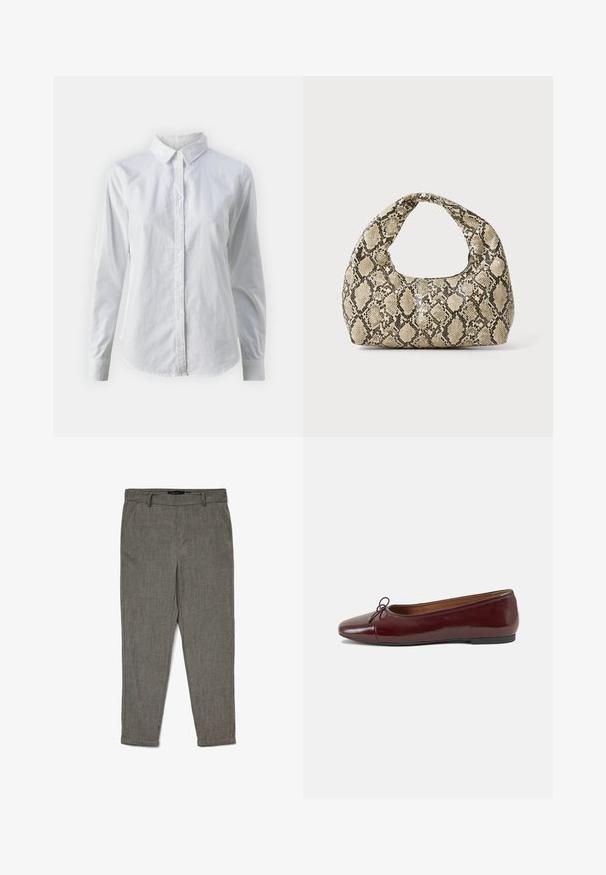 Hvit skjorte med knapper laget av glatt bomull, med klassisk krage, lange ermer og buet skjær. Knapper er små og hvite.; Herre grå avsmalnede dressbukser med beltehemper, sidelommer og oppbrettede hem, laget av teksturert stoff.; Burgunderrød lakk lær ballettleilighet med rund tå, liten sløyfe foran og en lav, svart gummisåle. Glatt tekstur.; Veske med slangeskinnmønster og krummet håndtak. Laget av teksturerte, beige og brune materialer, med et særegent diamantmønster.