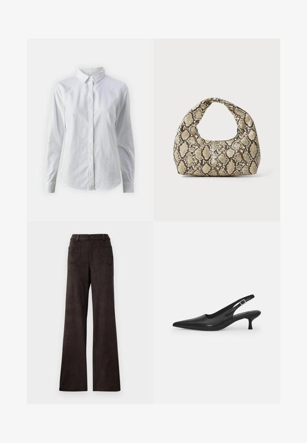 Valkoinen napitettava paita, joka on valmistettu sileästä puuvillasta. Paidassa on klassinen kaulus, pitkät hihat ja kaareva helma. Nappien koko on pieni ja ne ovat valkoiset.; Ruskeat leveälahkeiset housut, jotka on valmistettu pehmeästä, tekstuurimaisesta kankaasta. Ominaisuuksiin kuuluu nappisulku ja kaksi etutaskua.; Mustan nahkainen slingback-kengät, joissa on terävä nenä ja kapea, kaareva korko. Varustettu huomaamattomalla säädettävällä hihnalla, jossa on metallinen solki.; Käärmeennahkakuosiset käsilaukku, jossa on kaareva kahva. Tehty teksturoiduista beigeistä ja ruskeista materiaaleista, joissa on erottuva timanttikuvio.