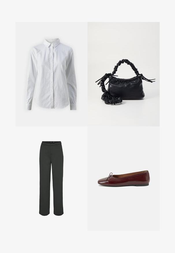 Balta marškinėliai su mygtukais, pagaminti iš lygios medvilnės, su klasikiniais apykaklės, ilgomis rankovėmis ir lenktu kraštu. Mygtukai maži ir balti.; Tamsiai žali plačios kojos kelnių, pagamintų iš lygaus audinio. Yra juosmuo su diržo kilpomis, priekinės kišenės ir tiesus kirpimas.; Bordo lakiotos odos baleto bateliai su apvalia nosimi, maža kaspinėlio akcentu priekyje ir žema juoda guma padanga. Lygi tekstūra.; Juodas dirbtinės odos rankinė su krokodilo tekstūra, sušnibždinta viršuje ir susikraipytu dirželiu. Atrodo minkšta ir kompaktiška.