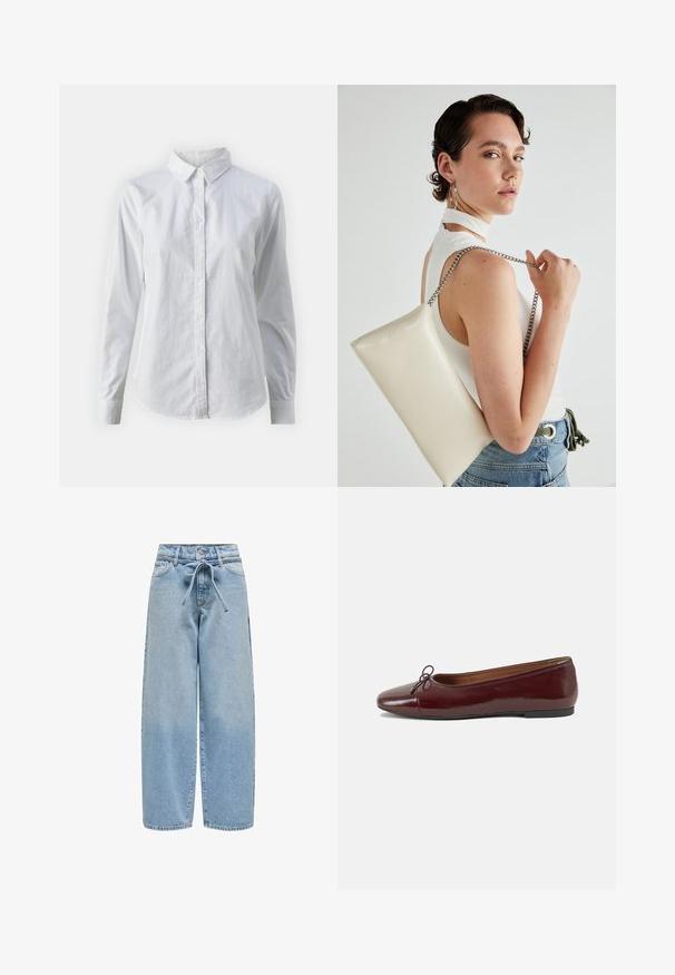 Vit skjorta med knappar, tillverkad av mjuk bomull, med klassisk krage, långa ärmar och en böjd fåll. Knapparna är små och vita.; Ljust blå denimvidbyxjeans med knytbar midja, fem fickor och en lätt sliten finish med små prickar genom hela plagget.; Burgunderfärgad lackläderballettskor med rund tå, liten rosettdekoration fram och en låg, svart gummisula. Slät textur.; Vitt rektangulärt clutch-väsk i glänsande material, med en kedjesnor i silver. Modellen poserar och visar upp väskan mot en neutral bakgrund.