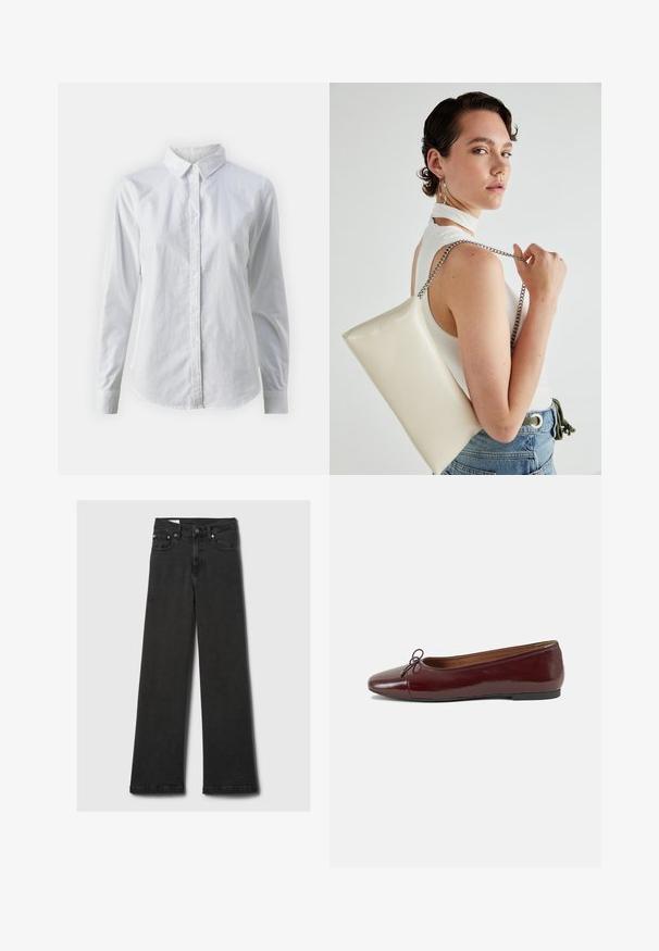 Camisa branca de botão feita de algodão suave, com colarinho clássico, mangas longas e bainha curva. Os botões são pequenos e brancos.; Às calças de ganga pretas de cintura alta e pernas retas, com cinco bolsos e rebites de cobre, dispostas horizontalmente sobre um fundo cinza claro.; Bailarinas em couro sintético borgonha com bico redondo, pequeno laço na frente e sola baixa em borracha preta. Textura suave.; Bolsa de mão retangular branca, feita de material brilhante, com uma alça em corrente prateada. Modelo posa, exibindo a bolsa contra um fundo simples.