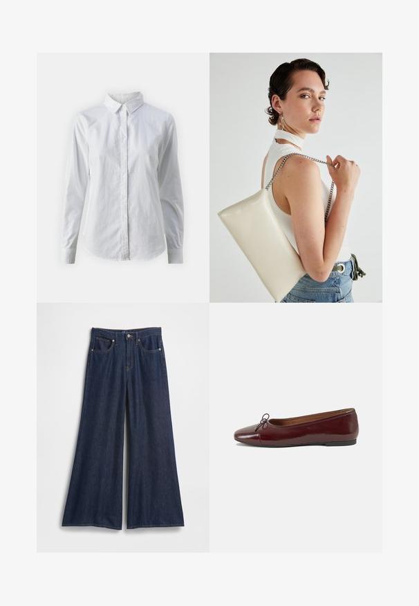 Bílá košile na knoflíky vyrobená z hladké bavlny, s klasickým límcem, dlouhými rukávy a zakřiveným spodním lemem. Knoflíky jsou malé a bílé.; Džínové kalhoty s širokými nohavicemi v tmavě modré barvě. Mají vysoký pas, pět kapes a kontrastní švy. Hladká textura s čistým lemem.; Burgundské lakové baleríny s kulatou špičkou, malou mašlí vpředu a nízkou černou gumovou podrážkou. Hladký povrch.; Bílá obdélníková psaníčko vyrobené z lesklého materiálu, se stříbrným řetízkovým popruhem. Modelka pózuje a předvádí tašku na jednobarevném pozadí.