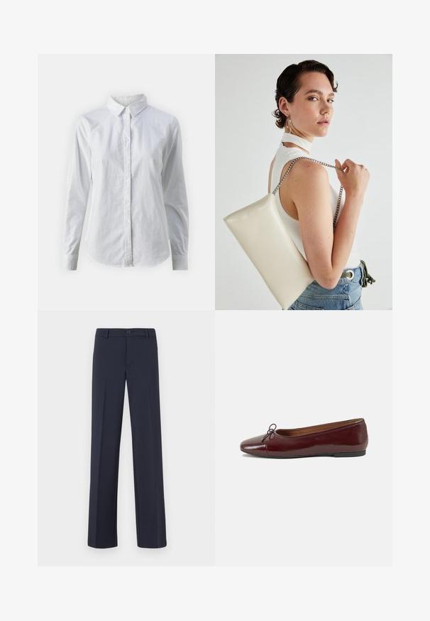 Balta marškinėliai su mygtukais, pagaminti iš lygios medvilnės, su klasikiniais apykaklės, ilgomis rankovėmis ir lenktu kraštu. Mygtukai maži ir balti.; Tamsiai mėlynos tiesios kojų kelnės, pagamintos iš lygaus audinio. Su priekiniais mygtukais ir šoninėmis kišenėmis. Paprastas ir modernus dizainas.; Bordo lakiotos odos baleto bateliai su apvalia nosimi, maža kaspinėlio akcentu priekyje ir žema juoda guma padanga. Lygi tekstūra.; Balta, stačiakampio formos rankinė pagaminta iš blizgaus medžiagos, su sidabriniu virvute. Modelis pozavo, demonstruodamas rankinę prieš paprastą foną.