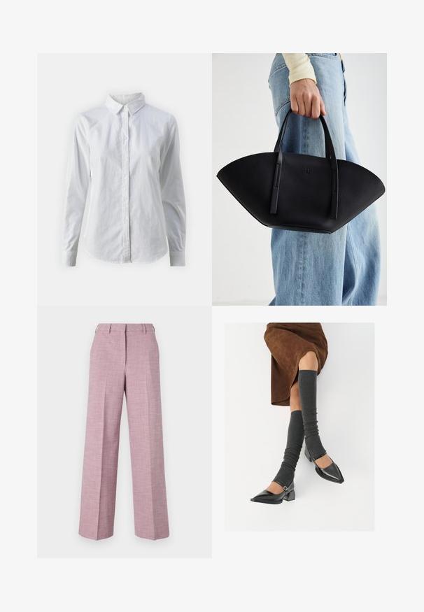 Bílá košile na knoflíky vyrobená z hladké bavlny, s klasickým límcem, dlouhými rukávy a zakřiveným spodním lemem. Knoflíky jsou malé a bílé.; Kalhoty s širokými nohavicemi v texturované světle růžové látce s plochým předním dílem, jemnými záhyby a klasickým designem pasu.; Černé lakované boty s špičatou špičkou, blokovým podpatkem a kotníkovým páskem, spárované s šedými žebrovanými návleky na nohy a hnědskou sukní z semiše.; Černá kožená kabelka s jedinečným tvarováním ve tvaru vějíře, vybavená plochými uchy. Povrch má jemně zrnitou texturu a minimalistický design.