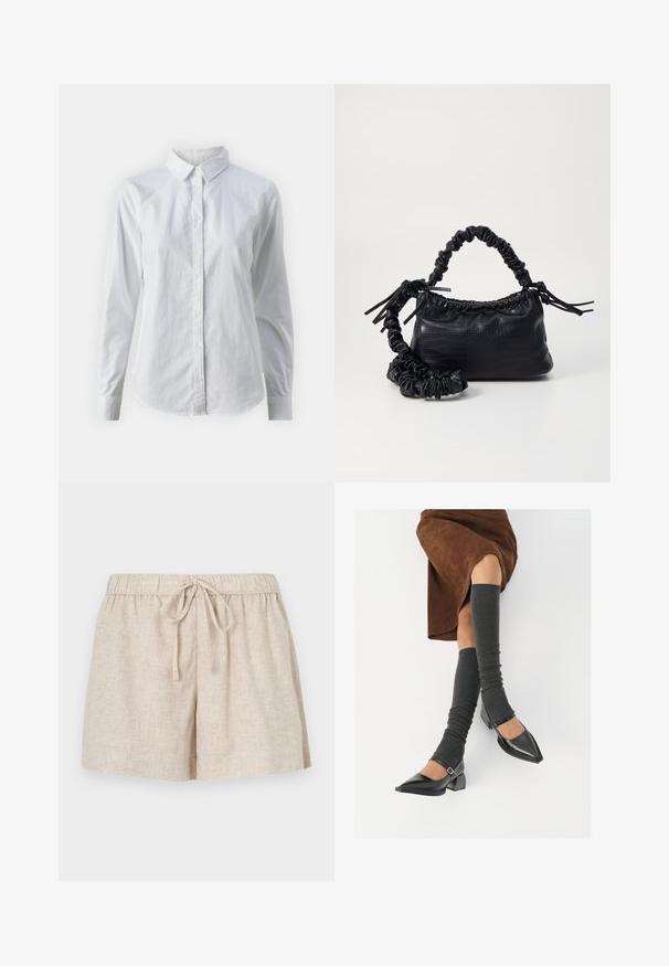 Chemise blanche à manches longues en coton lisse, dotée d'un col classique et d'un ourlet arrondi. Les boutons sont petits et blancs.; Shorts en lin beige clair avec une taille élastique et un lien ajustable. Présente une coupe ample et une texture lisse.; Chaussures à bout pointu en cuir verni noir avec un talon bloc et une bride à la cheville, accompagnées de jambières en maille grise et d'une jupe en daim marron.; Sac à main en simili cuir noir avec une texture crocodile, un dessus resserré et une sangle froncée. A l'apparence douce et compacte.