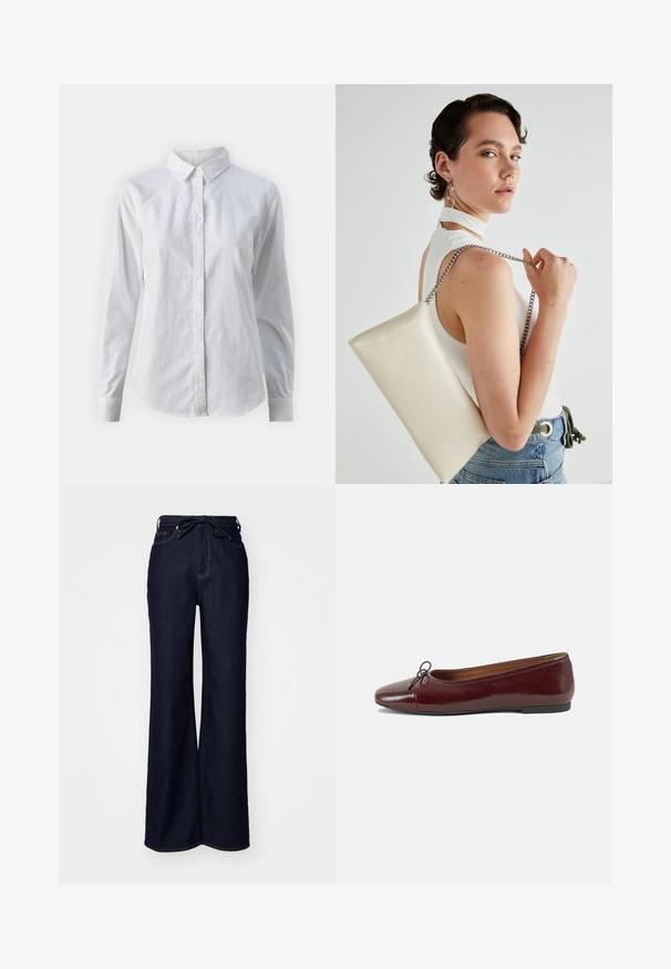 Camisa branca de botão feita de algodão suave, com colarinho clássico, mangas longas e bainha curva. Os botões são pequenos e brancos.; Jeans de perna larga azul-escuro, feitos de denim, com uma cintura alta, bolsos frontais e um fecho de laço na cintura.; Bailarinas em couro sintético borgonha com bico redondo, pequeno laço na frente e sola baixa em borracha preta. Textura suave.; Bolsa de mão retangular branca, feita de material brilhante, com uma alça em corrente prateada. Modelo posa, exibindo a bolsa contra um fundo simples.