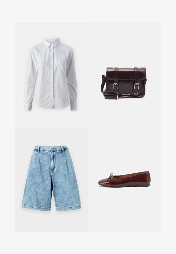 Chemise blanche à manches longues en coton lisse, dotée d'un col classique et d'un ourlet arrondi. Les boutons sont petits et blancs.; Shorts en denim bleu clair avec une coupe décontractée, dotés d'une fermeture éclair à l'avant, de passants de ceinture et d'une texture légèrement délavée. Les bords ourlés complètent le design.; Ballerines en cuir verni bordeaux avec un bout rond, un petit nœud décoratif à l'avant et une semelle en caoutchouc noire basse. Texture lisse.; Sac à bandoulière en cuir verni bordeaux, de forme rectangulaire, avec deux bandoulières, des accessoires en argent et une fermeture à rabat.