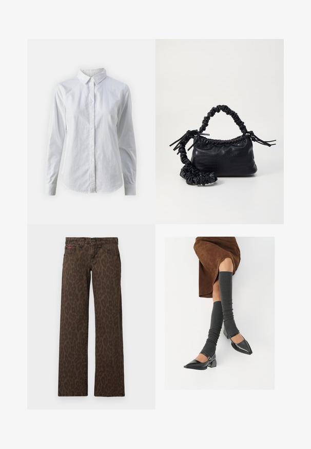 Camisa blanca de botones hecha de algodón suave, con un cuello clásico, mangas largas y un dobladillo curvado. Los botones son pequeños y blancos.; Jeans de leopardo marrón con un diseño de pierna recta, que cuentan con un cierre de botón y un sutil logo rojo en la parte frontal. Tejido de mezclilla suave.; Zapatos de charol negros con punta afilada, tacón bloque y tira de tobillo, combinados con calentadores de piernas de canalé grises y una falda de ante marrón.; Bolso de mano de imitación cuero negro con textura de cocodrilo, parte superior fruncida y correa arrugada. Presenta un diseño suave y compacto.