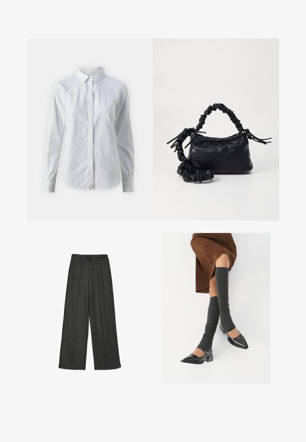 Bílá košile na knoflíky vyrobená z hladké bavlny, s klasickým límcem, dlouhými rukávy a zakřiveným spodním lemem. Knoflíky jsou malé a bílé.; Tmavě šedé široké kalhoty z texturované látky, s vysokým pasem a dvěma předními záhyby pro přidaný designový prvek.; Černé lakované boty s špičatou špičkou, blokovým podpatkem a kotníkovým páskem, spárované s šedými žebrovanými návleky na nohy a hnědskou sukní z semiše.; Černá kabelka z umělé kůže s krokodýlím vzorem, staženým vrškem a zmačkaným popruhem. Zdá se, že má měkký a kompaktní design.